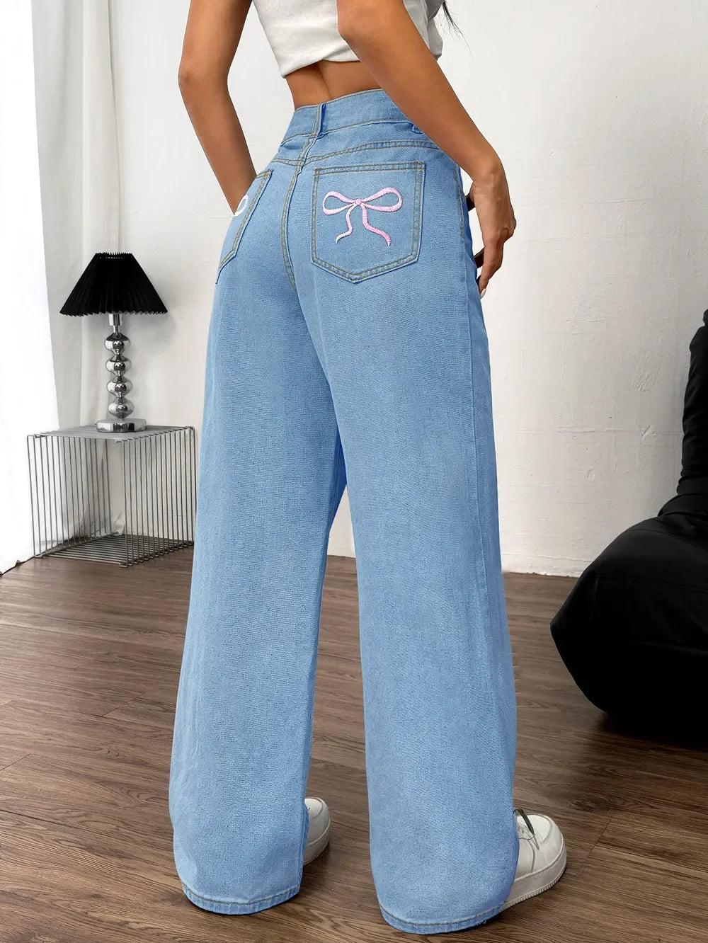 Charleston Inspired Embroidered Bow Back Wide Leg Jeans - Southern Shores Clothing