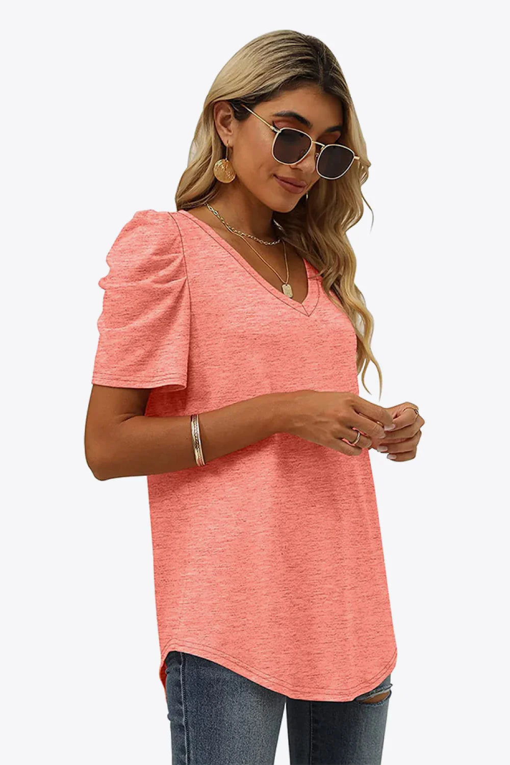 V-Neck Puff Sleeve Tee With Stretchy Fabric - Southern Shores Clothing