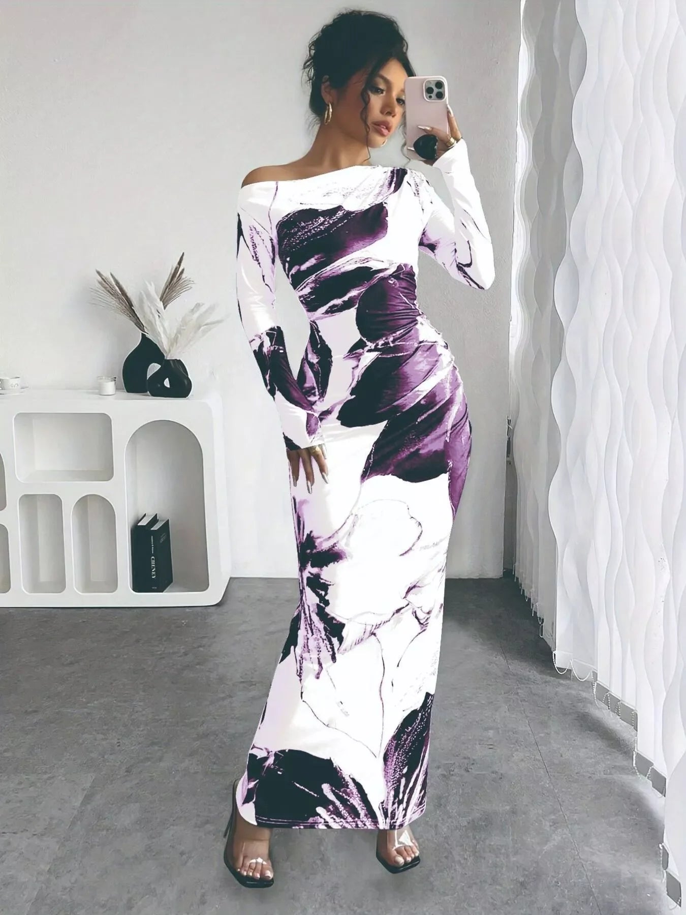 Floral One Shoulder Long Sleeve Maxi Dress - Southern Shores Clothing