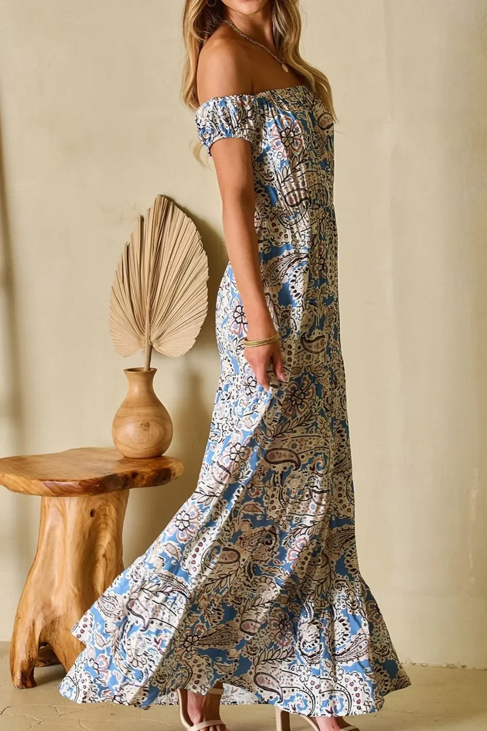 Boho Paisley Off Shoulder Maxi Dress With Elastic Waist - Southern Shores Clothing