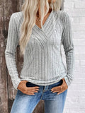 Ribbed V-Neck Long Sleeve Knit T-Shirt - Southern Shores Clothing
