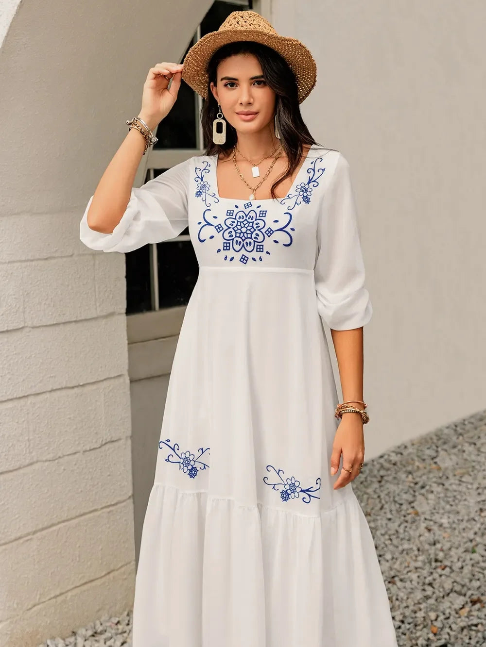 Printed Square Neck Balloon Sleeve Dress With Embroidered Detail - Southern Shores Clothing