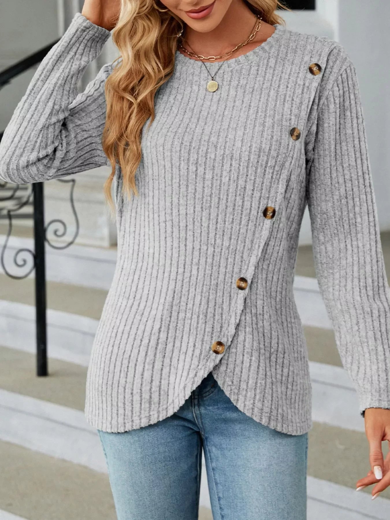 Ribbed Knit Decor Button T-Shirt - Southern Shores Clothing