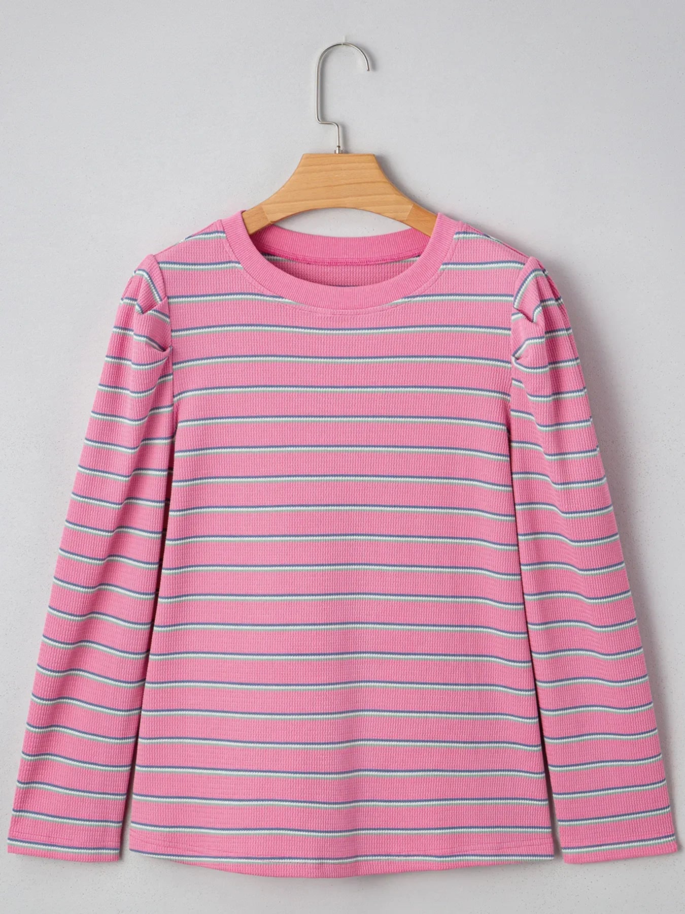 Stripe Textured Knit Round Neck Puff Sleeve Top - Southern Shores Clothing