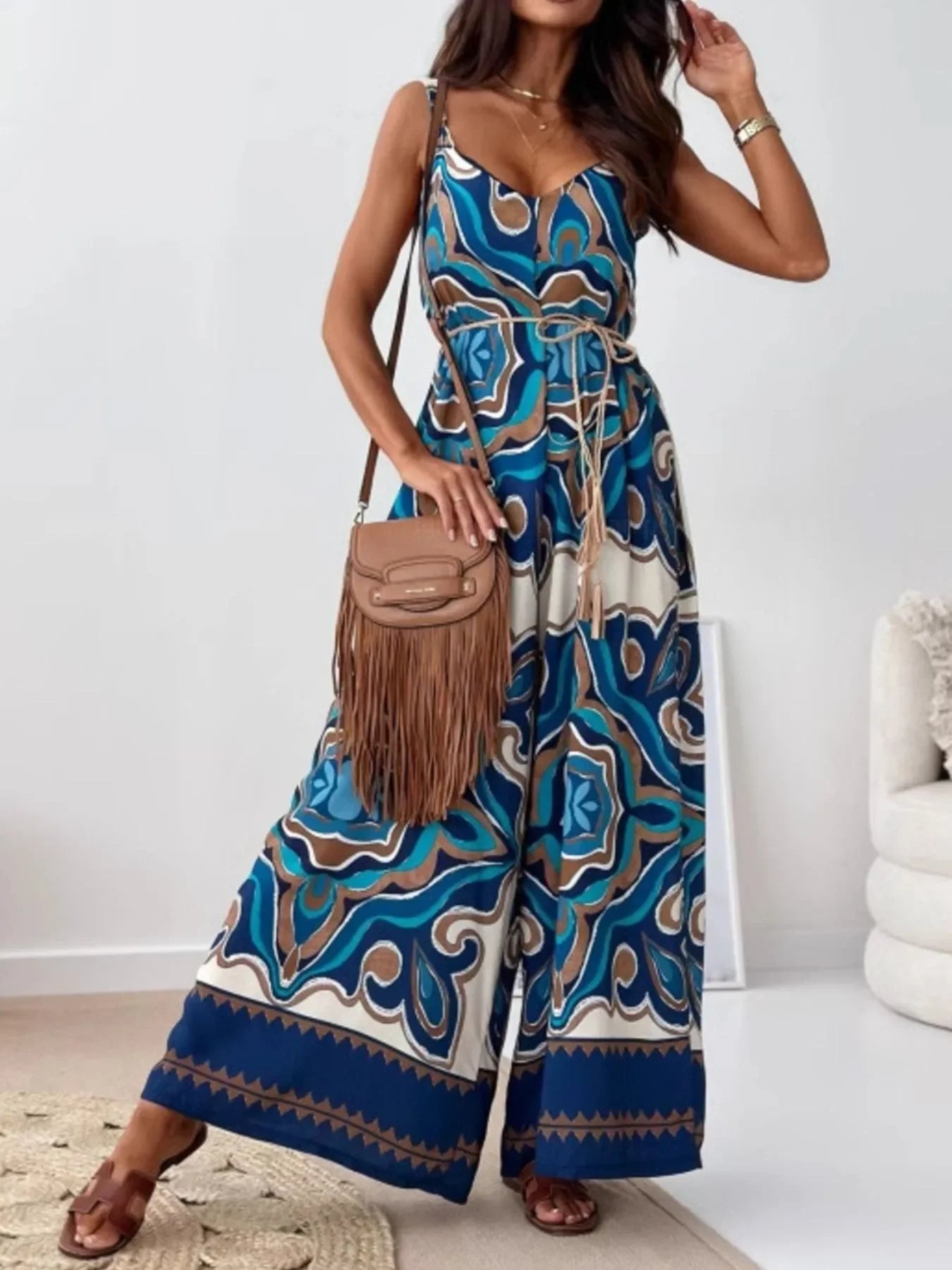 Paisley Print Spaghetti Strap Wide Leg Jumpsuit - Southern Shores Clothing