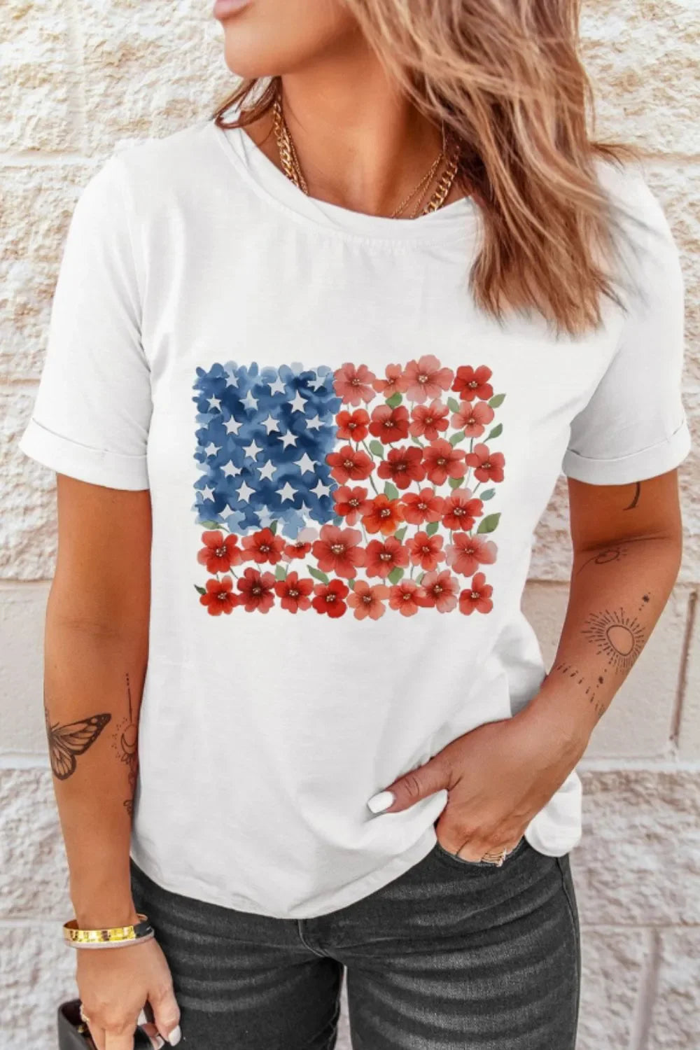 Star Floral American Flag Print T Shirt Graphic - Southern Shores Clothing