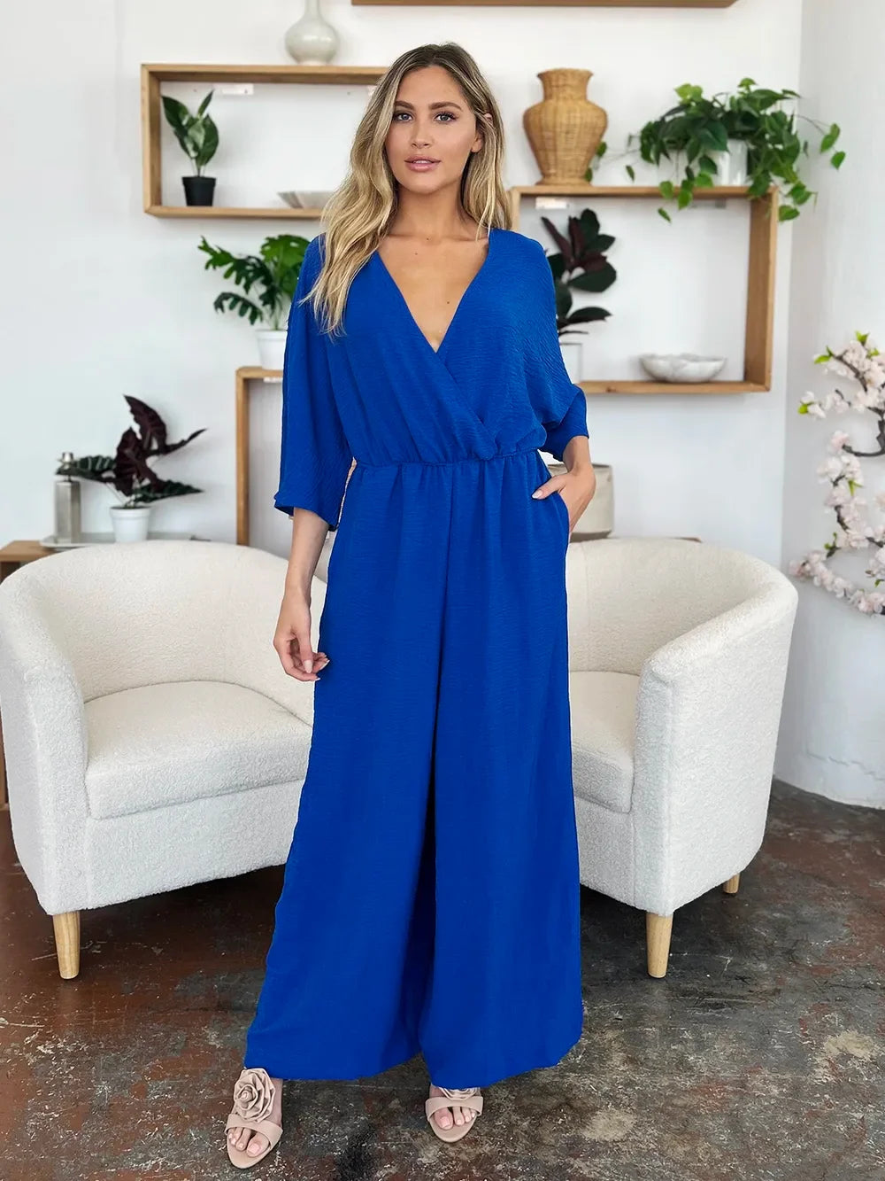 Surplice Wide-Leg Jumpsuit With Hidden Pockets - Southern Shores Clothing