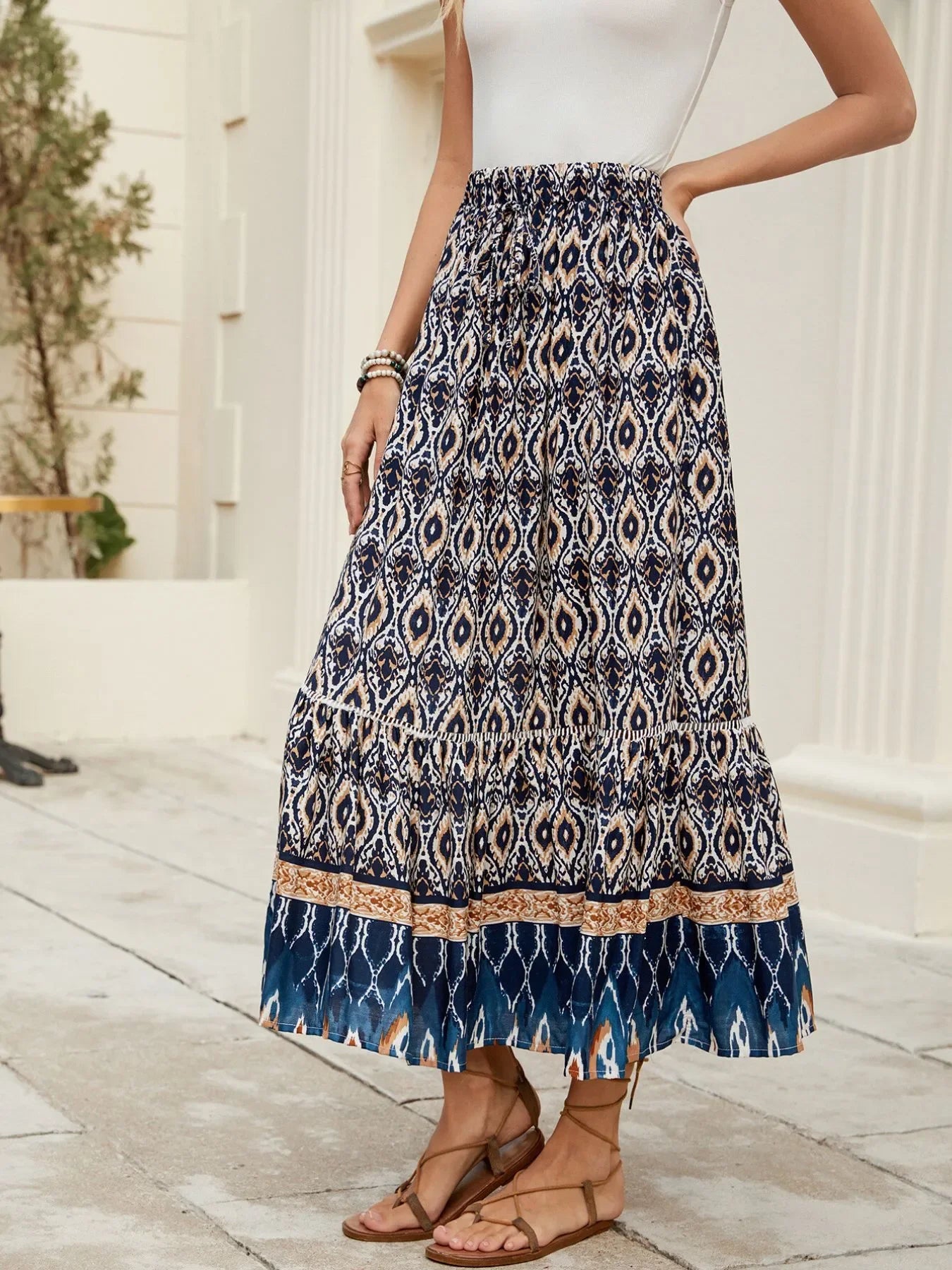 Bohemian Printed Ruched Maxi Skirt Flowing - Southern Shores Clothing