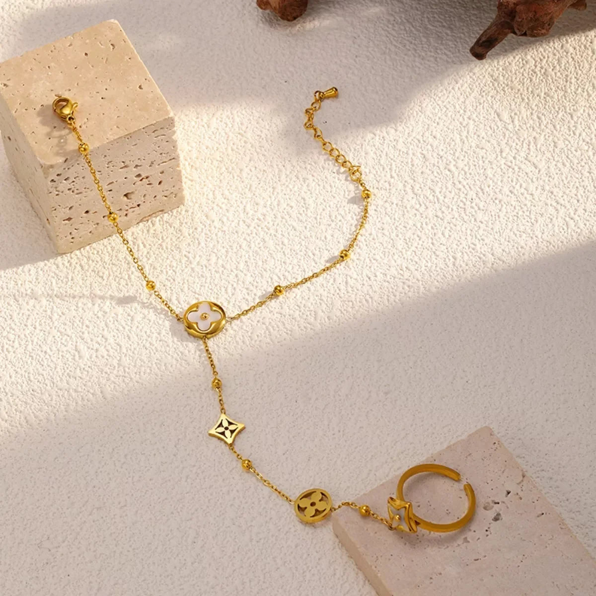 Gold-Plated Clover Charm Hand Chain Bracelet - Southern Shores Clothing