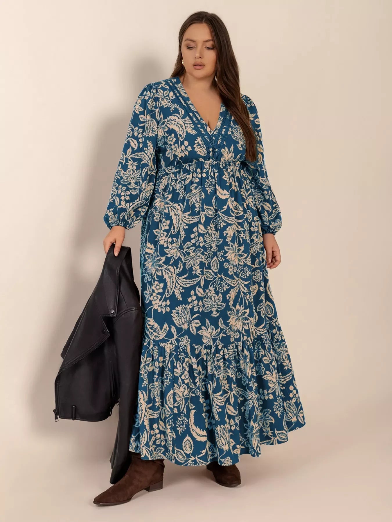 Plus Size Boho Floral Print Long Sleeve Maxi Dress - Southern Shores Clothing