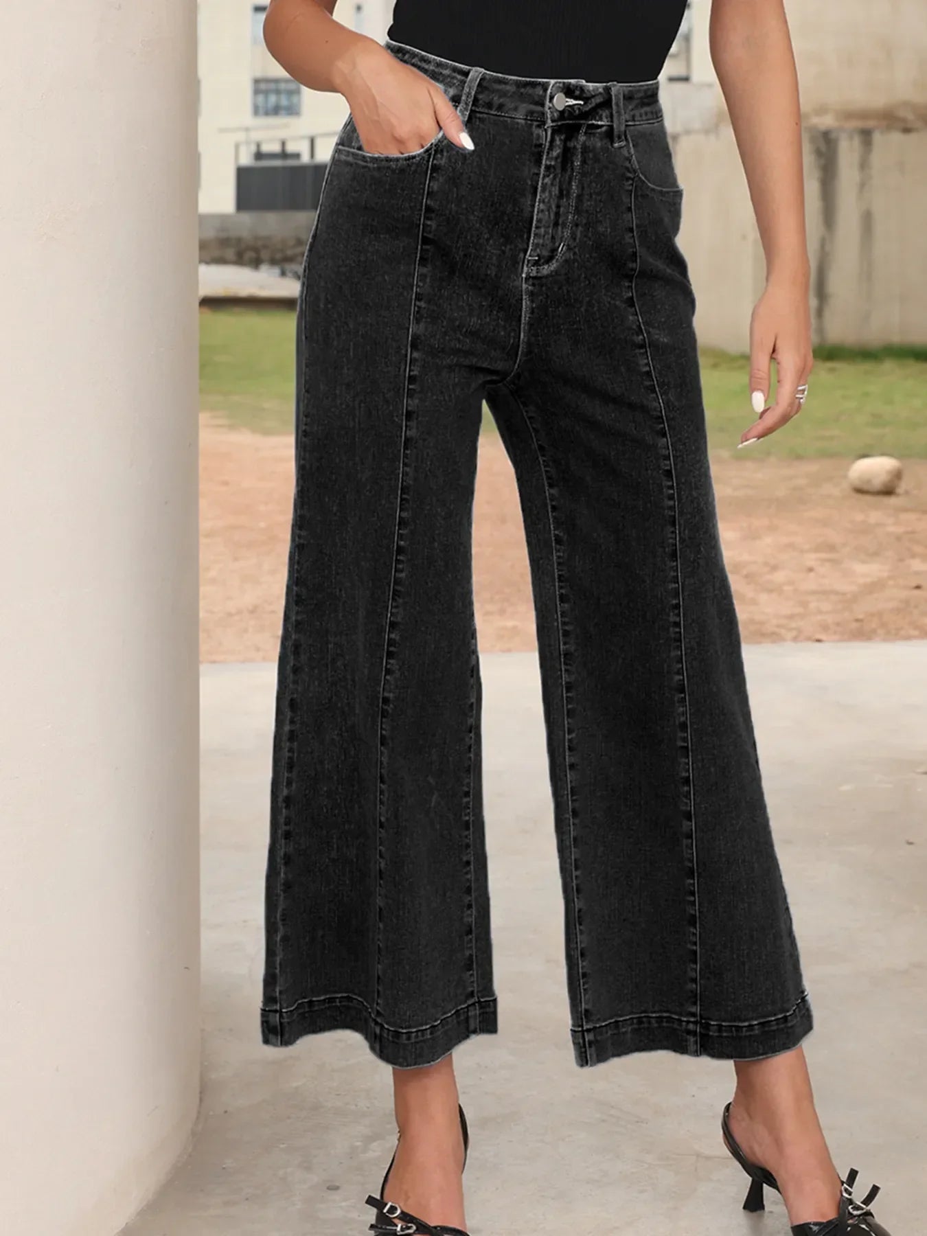 Coastal Seam Detail Flared Bottom Ankle Length Denim Jeans - Southern Shores Clothing