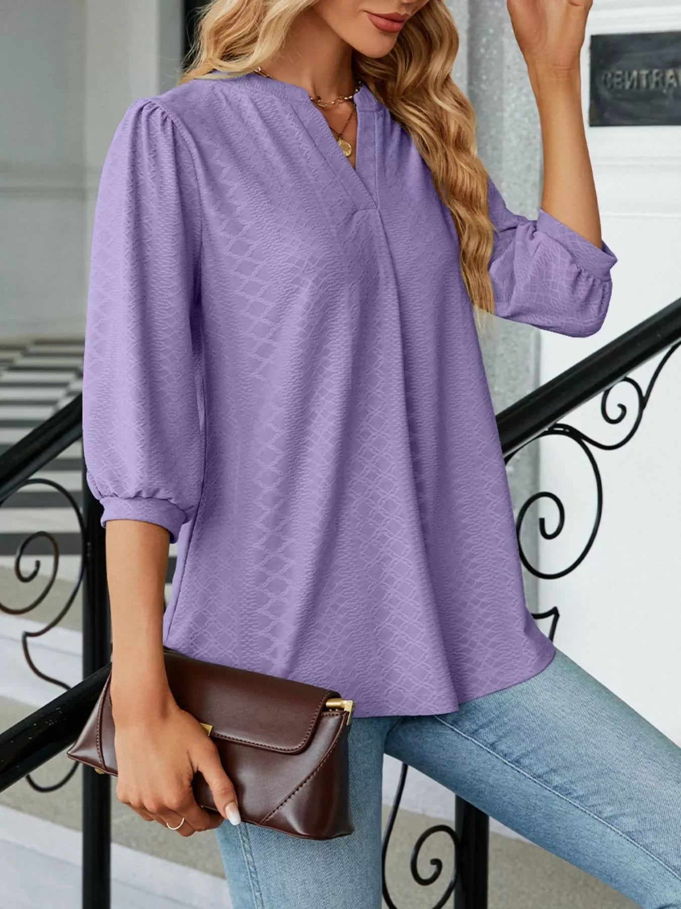 Notched 3/4 Sleeve Casual Top - Southern Shores Clothing