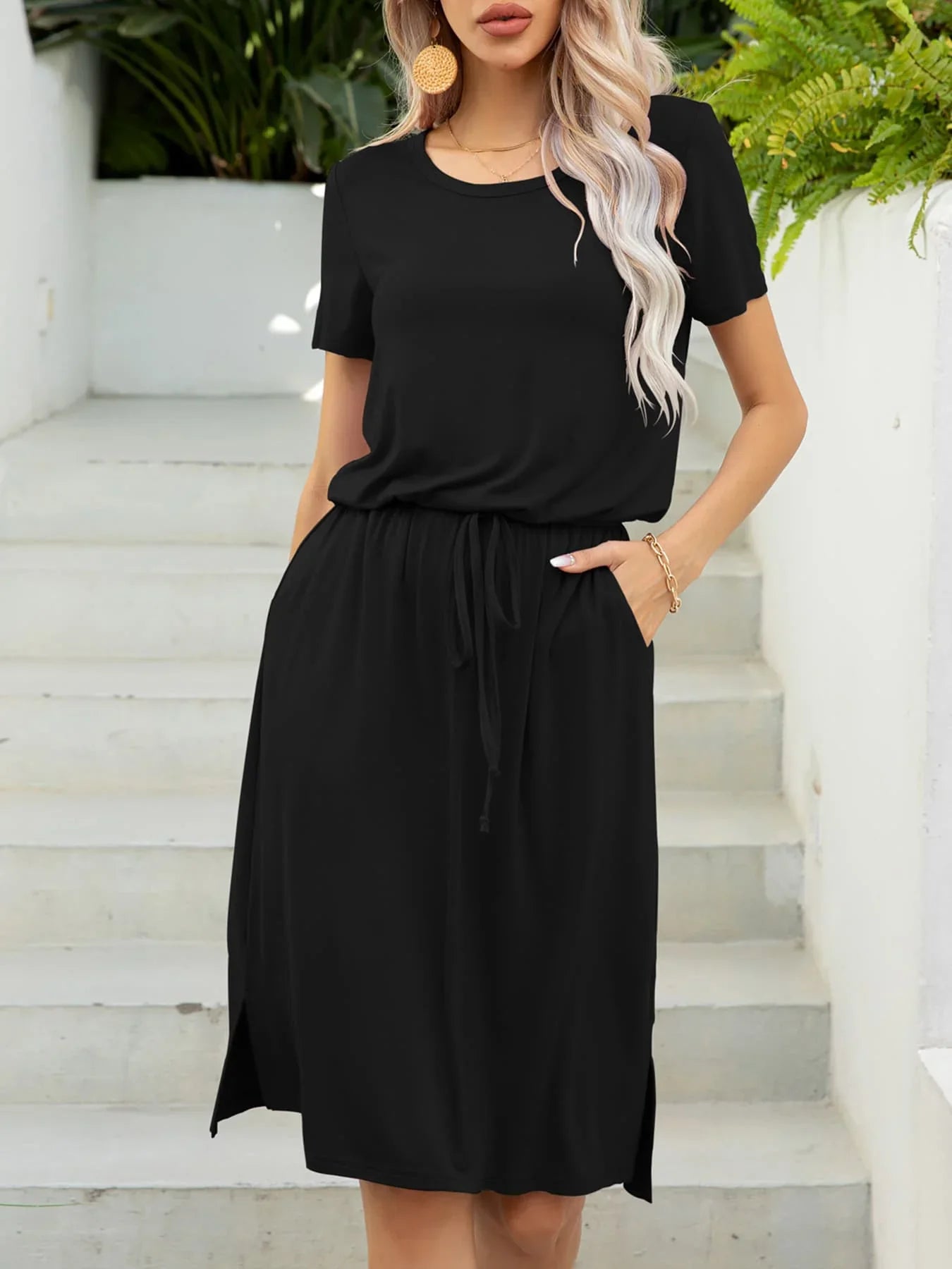 Round Neck Short Sleeve Slit Dress with Pockets - Southern Shores Clothing