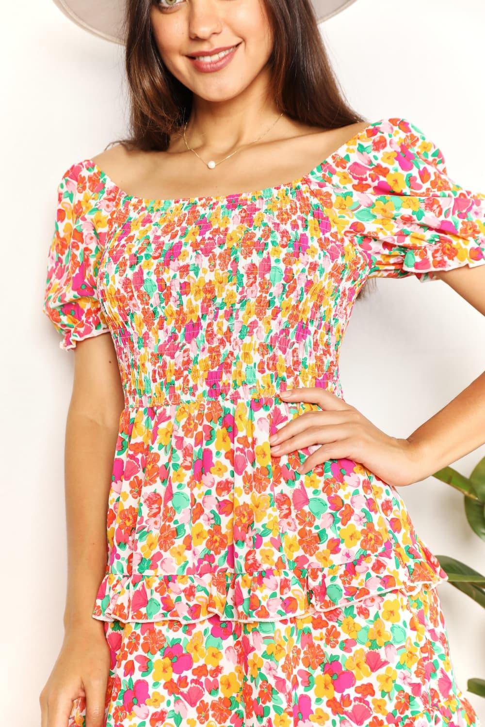 Smocked Bodice Sweetheart Neck Flounce Sleeve Mini Dress - Southern Shores Clothing