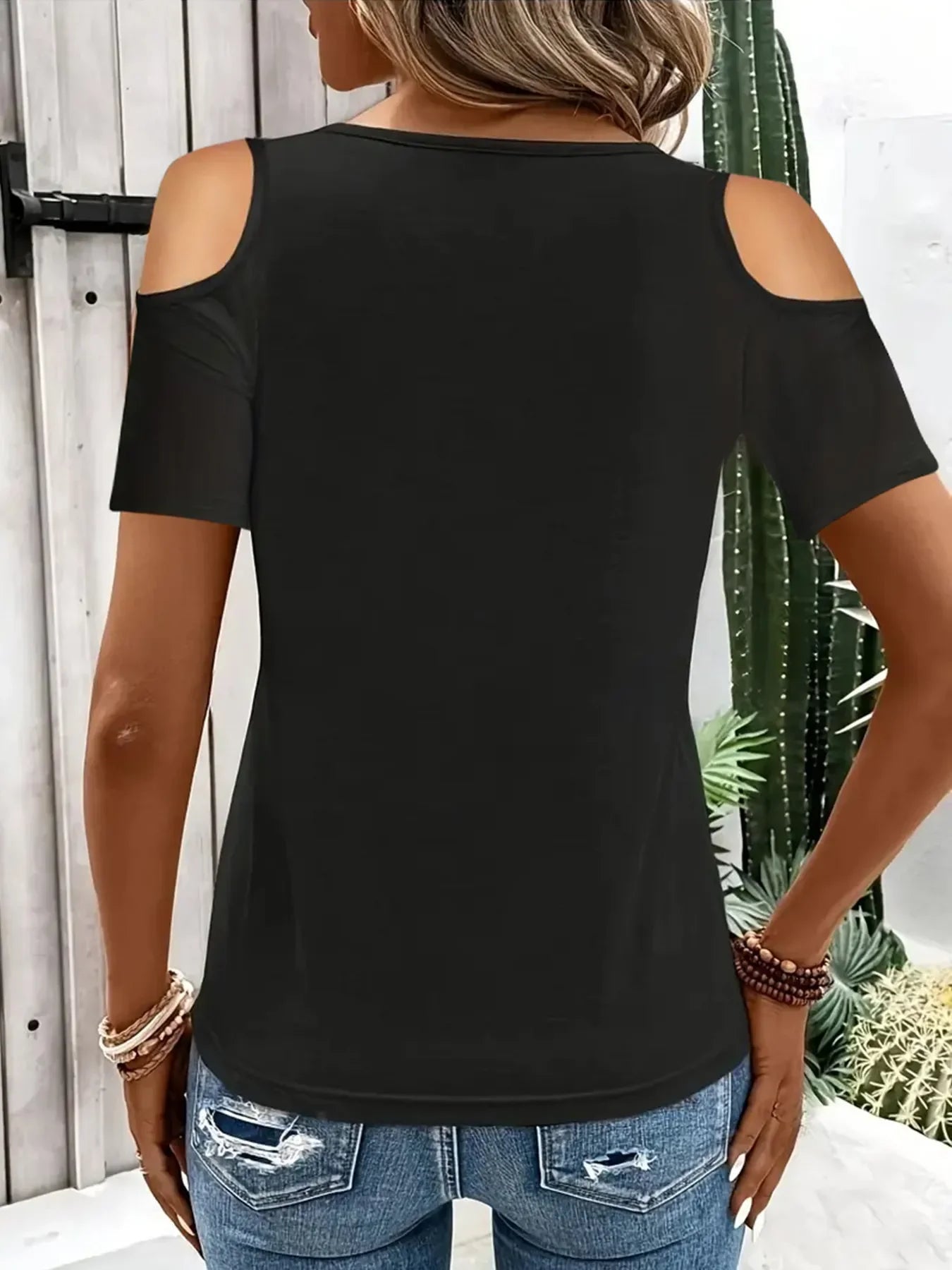 Stretch Cold Shoulder Tee With Metal Ring Detail - Southern Shores Clothing