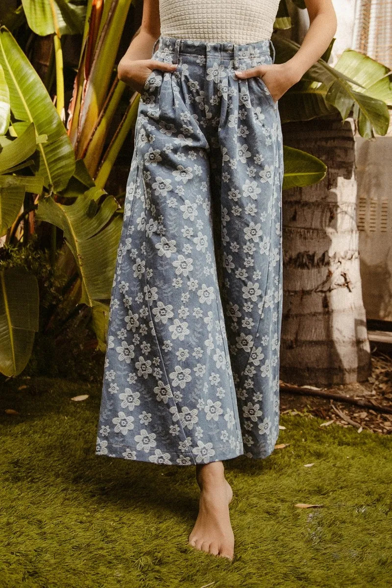 Coastal Style BiBi Floral Texture Wide Leg Jeans