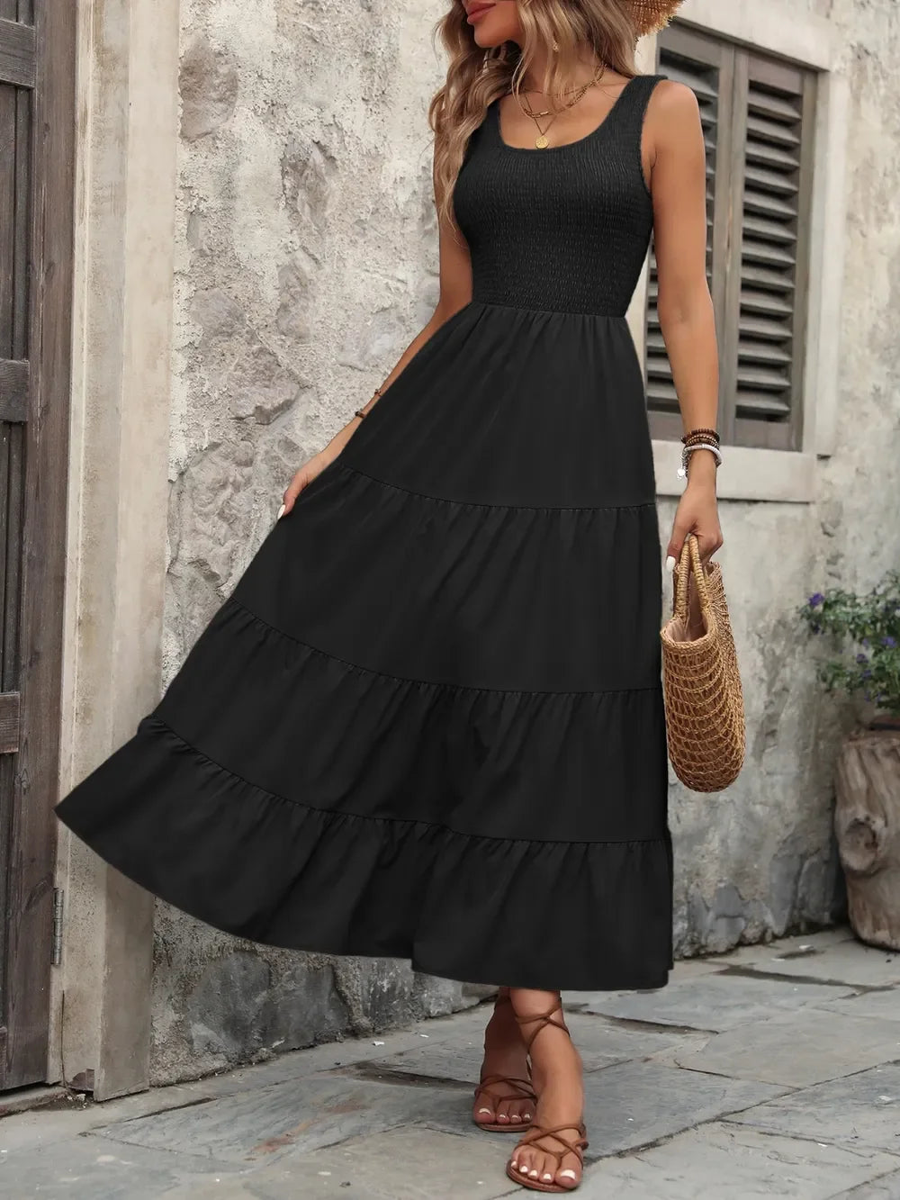 Smocked Scoop Neck Sleeveless Tank Dress - Southern Shores Clothing