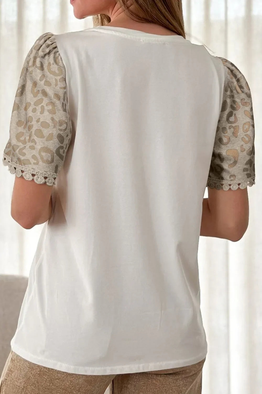 Leopard Patchwork Crochet Lace Trim Puff Sleeve T Shirt - Southern Shores Clothing