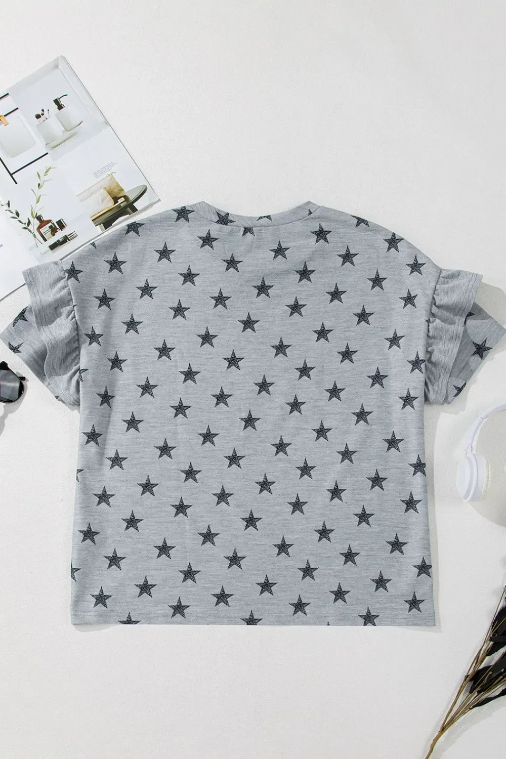 Star Print Tiered Ruffled Sleeve Crew Neck T Shirt - Southern Shores Clothing