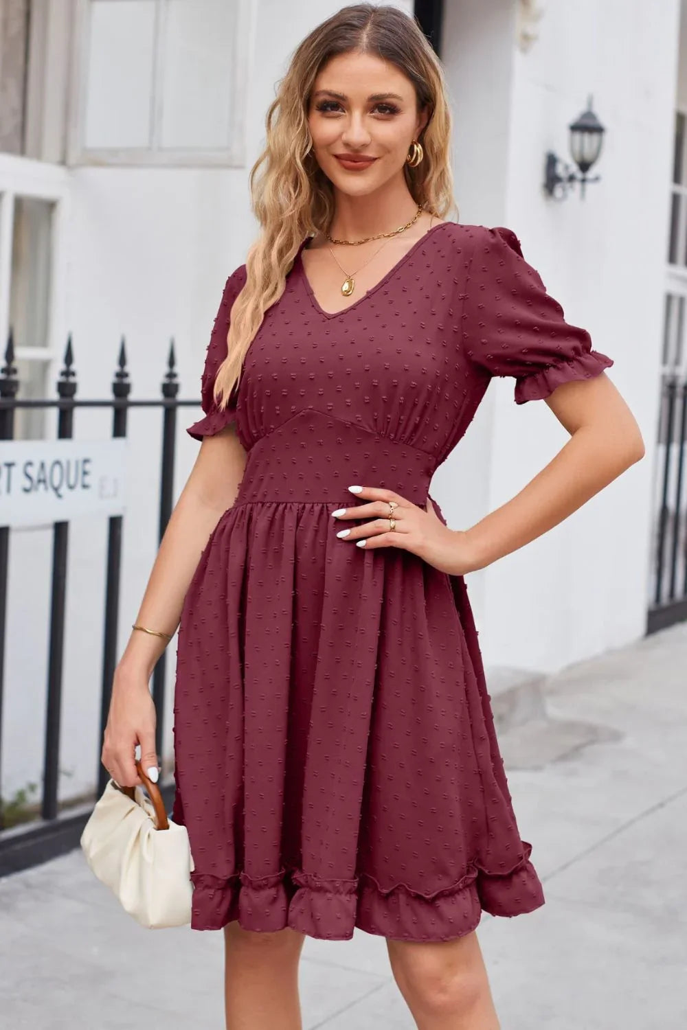 Swiss Dot Frill Trim Flounce Sleeve V Neck Dress - Southern Shores Clothing