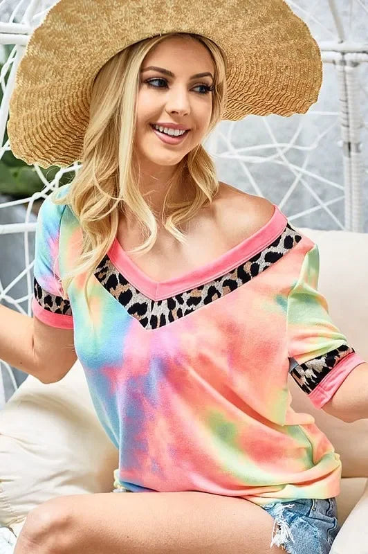 Tie-Dye Leopard Trim V-Neck T-Shirt Soft Cotton Blend - Southern Shores Clothing