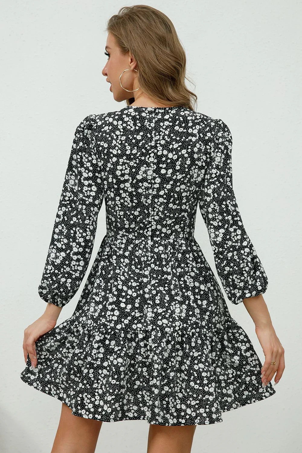 Printed Plunge Neck Flounce Sleeve Mini Dress - Southern Shores Clothing