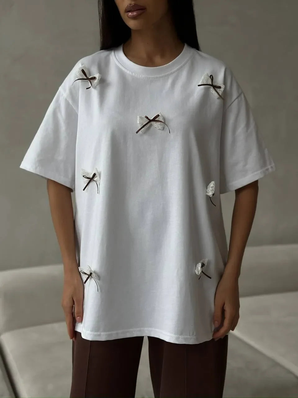 Bow Round Neck Oversized T Shirt With Lace Polyester - Southern Shores Clothing