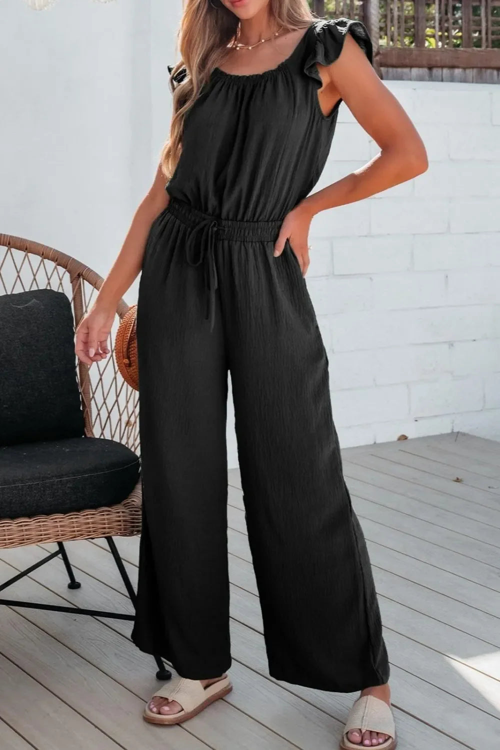 Ruffled Cap Sleeve Wide Leg Jumpsuit With Pockets - Southern Shores Clothing