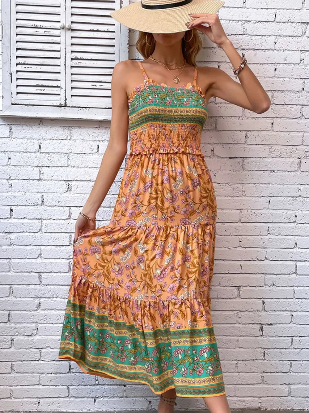Floral Printed Square Neck Midi Cami Dress With Smocked Bodice - Southern Shores Clothing