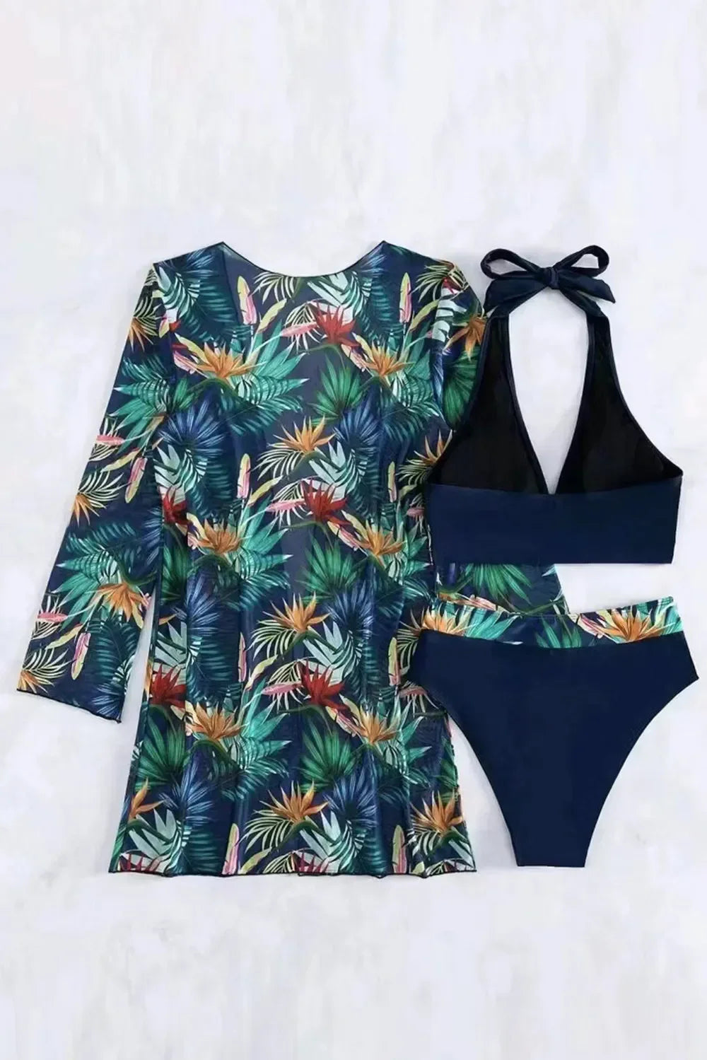 Tropical Print Halter Neck Three-Piece Swim Set Removable Pads - Southern Shores Clothing