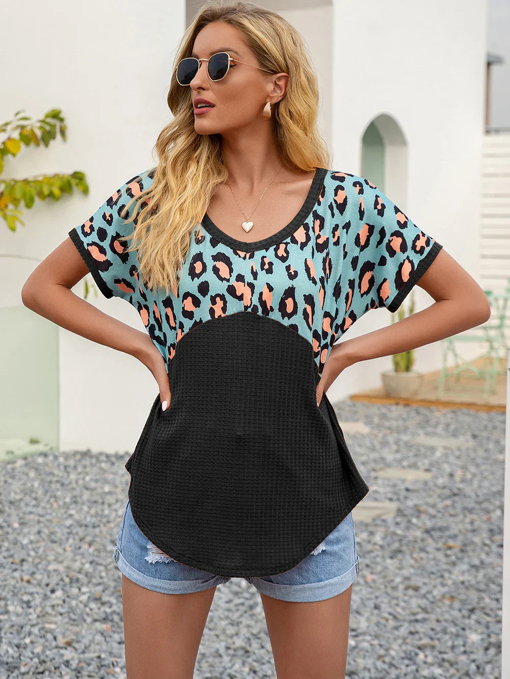 Leopard Print Waffle-Knit Short Sleeve Top - Southern Shores Clothing
