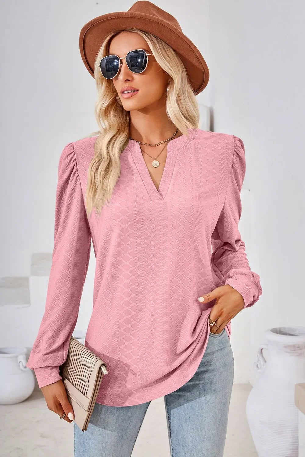 Notched Long Sleeve Top With Slightly Stretchy Fit - Southern Shores Clothing