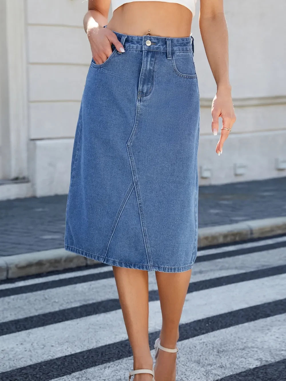 Relaxed Fit Denim Midi Skirt With Slit Back - Southern Shores Clothing