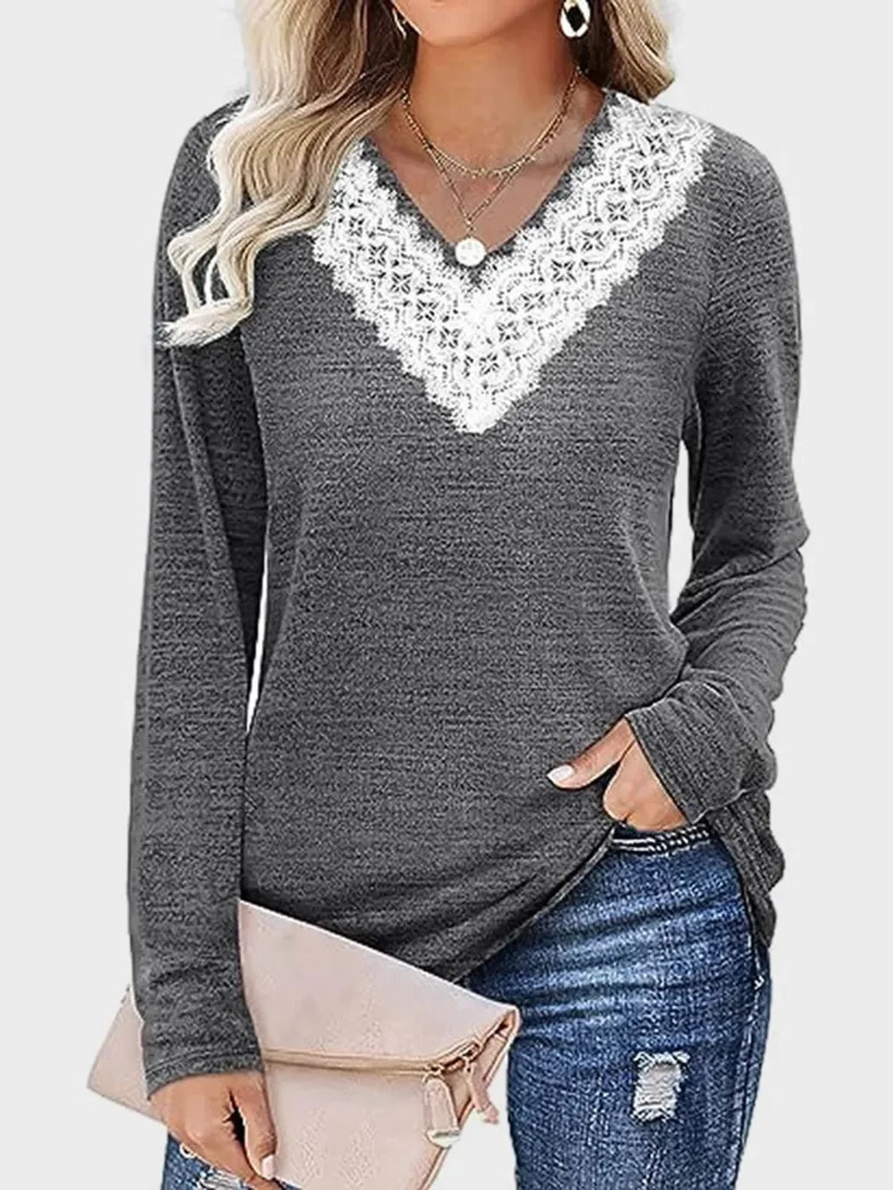 Lace Detail V-Neck Long Sleeve T-Shirt With Soft Stretch - Southern Shores Clothing