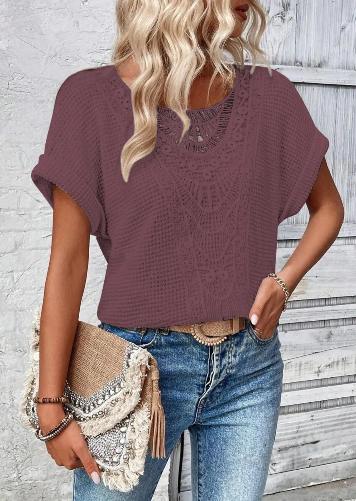 Crochet Lace Short Sleeve T Shirt Casual - Southern Shores Clothing