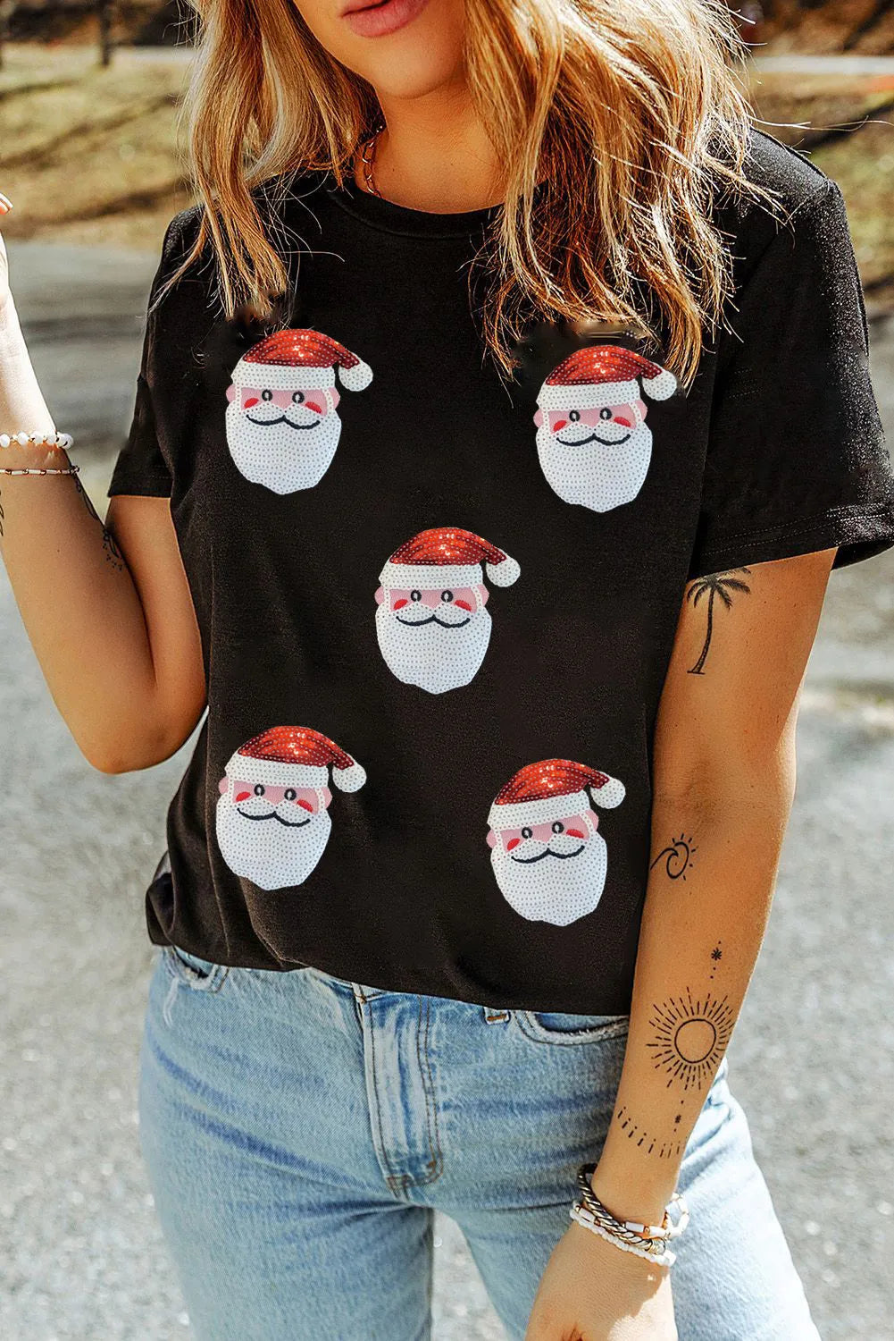 Women's Sequin Santa Round Neck Short Sleeve T-Shirt by SYNZ