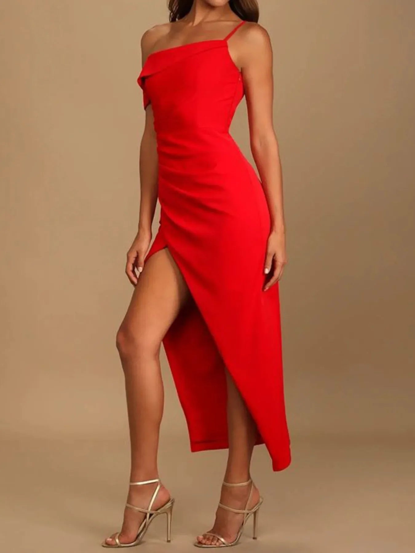 Split Asymmetrical Neck Midi Dress With Slit - Southern Shores Clothing