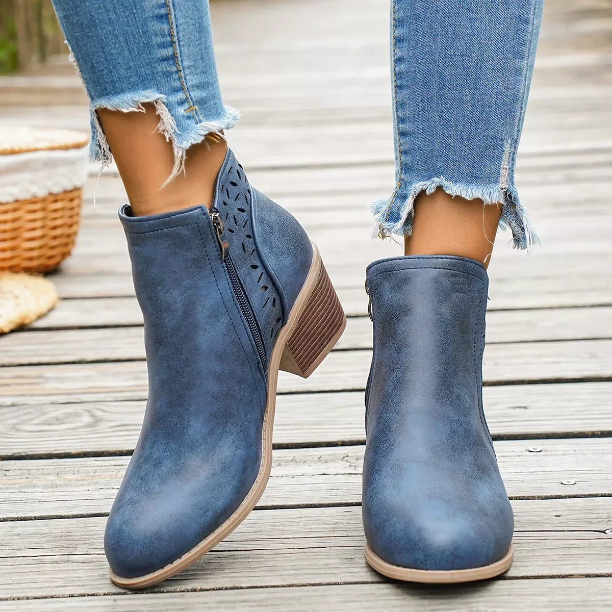 Round Toe Block Heel Ankle Boots Mid Heel - Southern Shores Clothing
