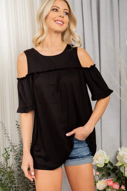 Plus Size Frill Round Neck Cold Shoulder T Shirt - Southern Shores Clothing