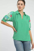 Lightweight Seersucker Blouse With Embroidered Sleeves Open Collar - Southern Shores Clothing