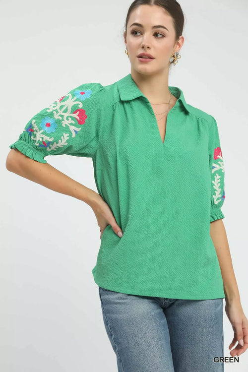 Lightweight Seersucker Blouse With Embroidered Sleeves Open Collar - Southern Shores Clothing