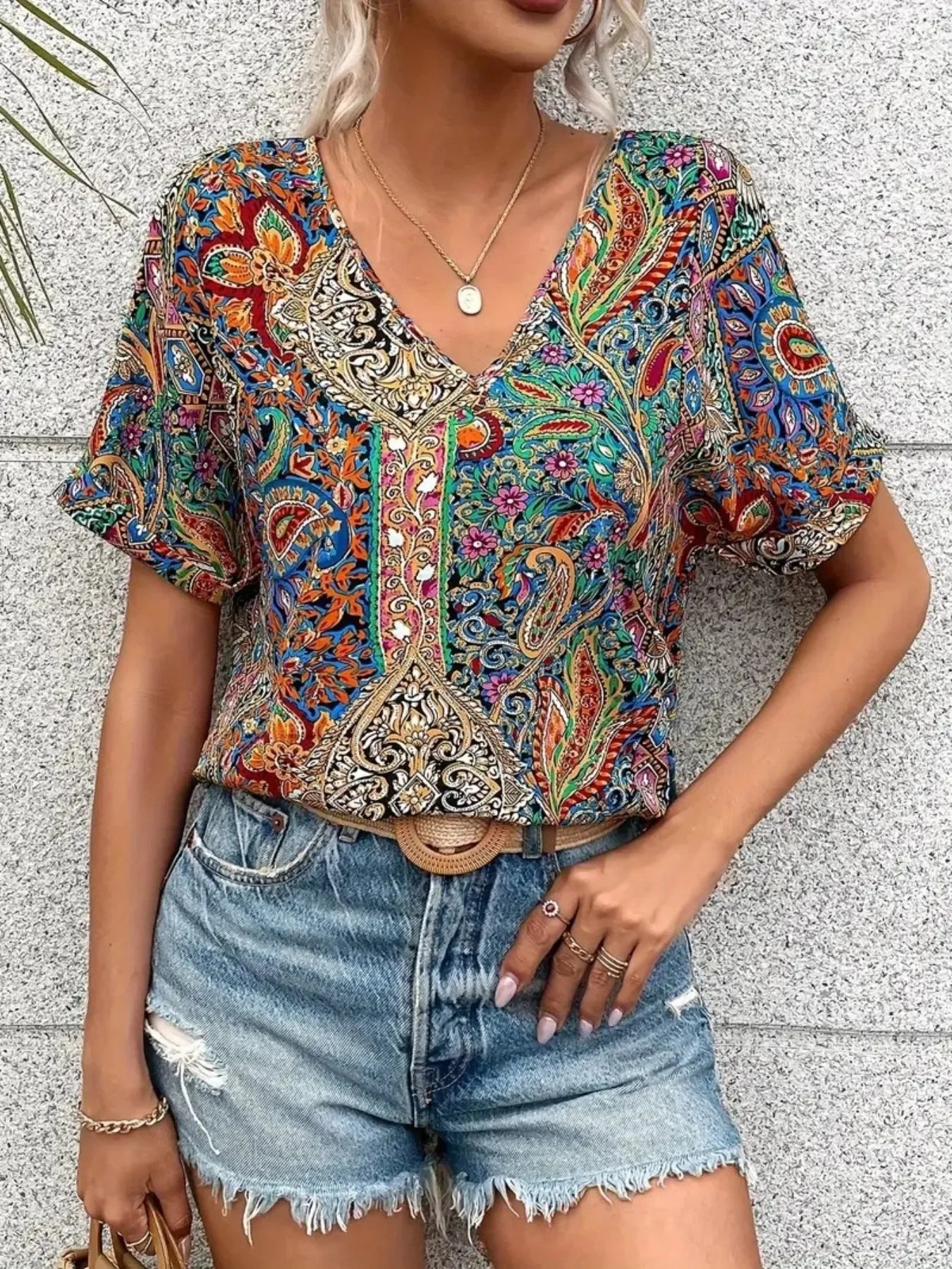 Bohemian Paisley Print V-Neck Short Sleeve T-Shirt - Southern Shores Clothing