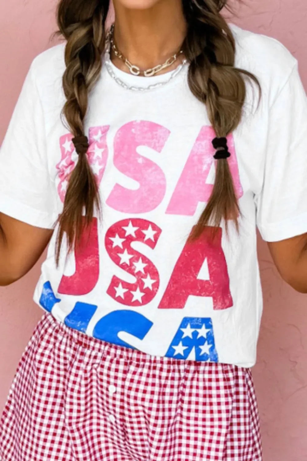 Letter Graphic Round Neck Short Sleeve T Shirt With Stretch - Southern Shores Clothing