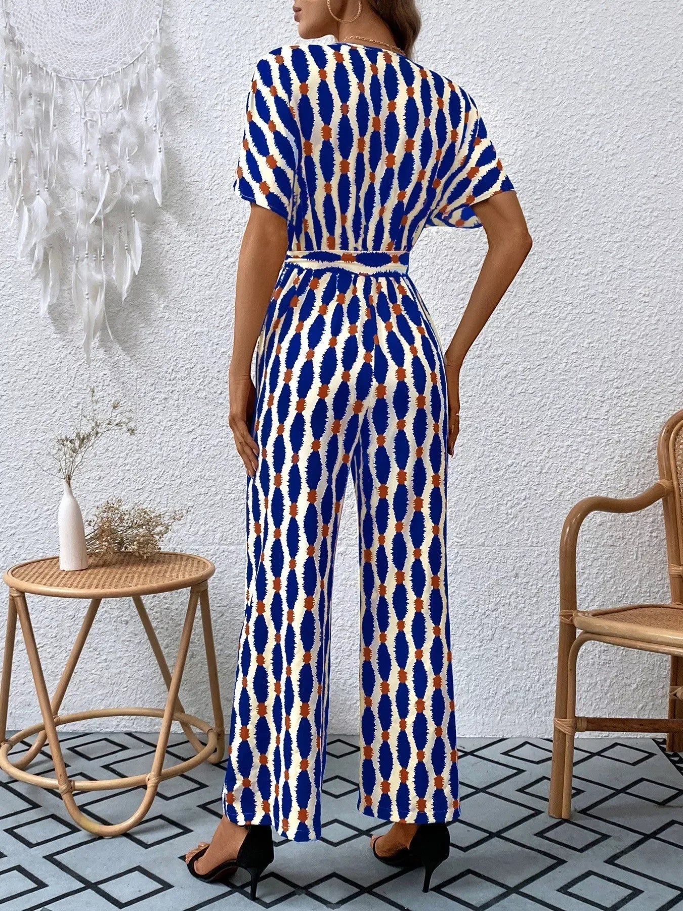 Printed Surplice Tie Waist Short Sleeve Jumpsuit - Southern Shores Clothing