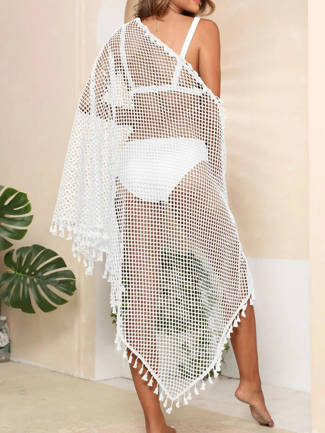 Tassel Openwork Open Front Swimwear Cover Up One Size