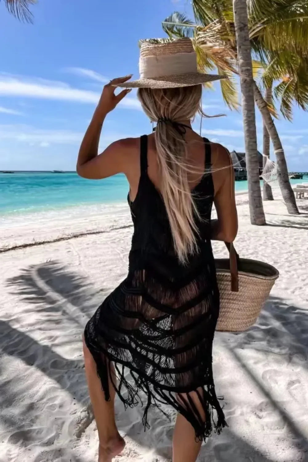 Sheer Fringe Stretchy Scoop Neck Swim Cover Up - Southern Shores Clothing