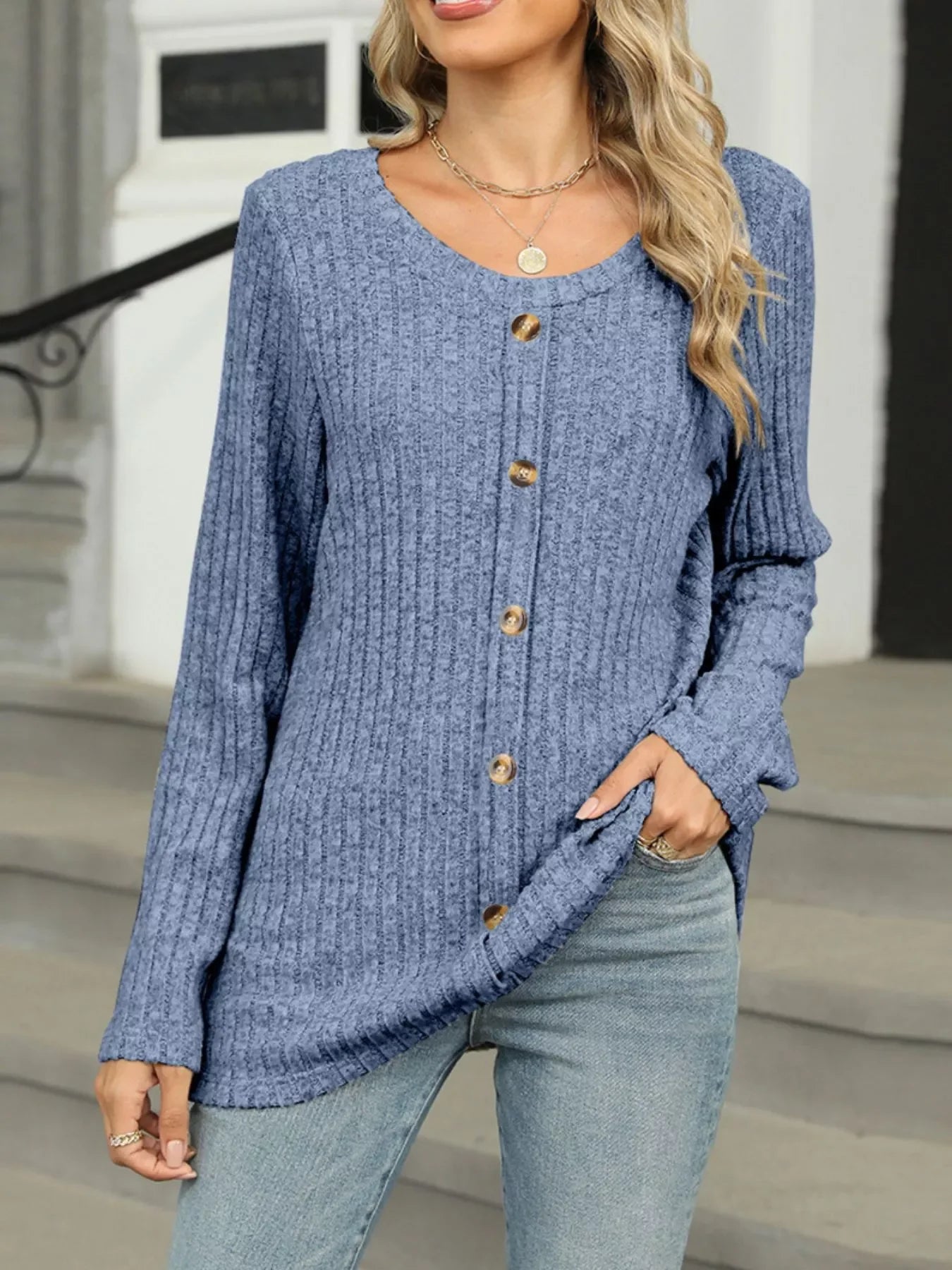 Ribbed Round Neck Long Sleeve Top - Southern Shores Clothing
