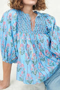 Smocked Floral Print Tie Neck Cotton Blouse - Southern Shores Clothing