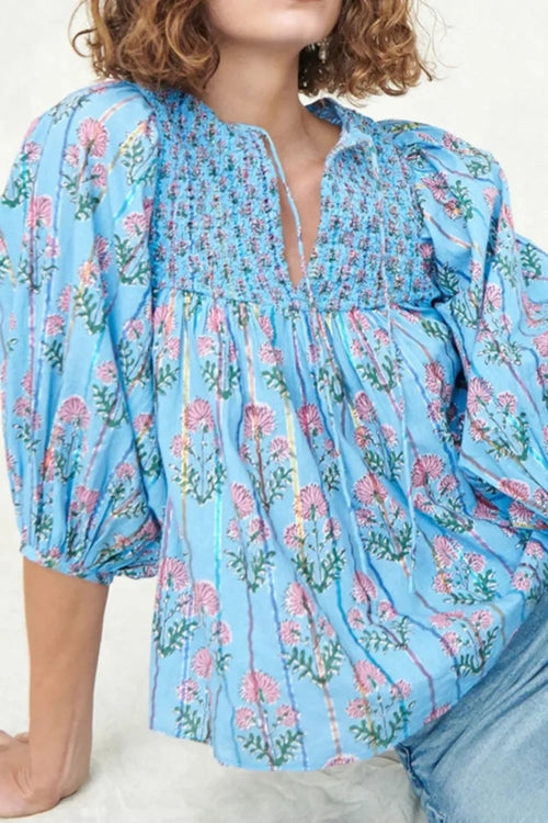 Smocked Floral Print Tie Neck Cotton Blouse - Southern Shores Clothing