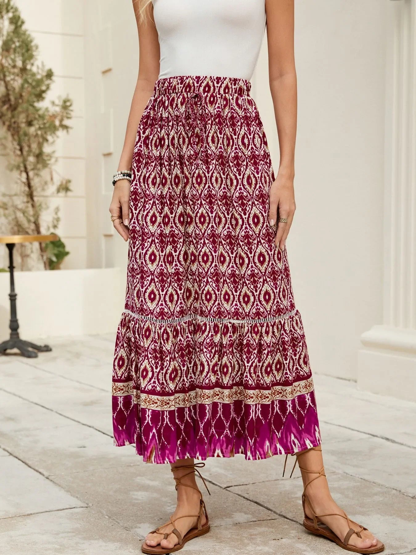Bohemian Printed Ruched Maxi Skirt Flowing - Southern Shores Clothing